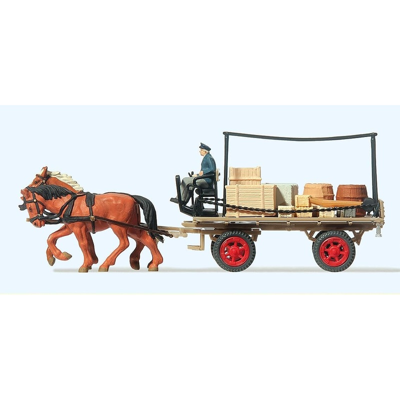 Horse-Drawn Flatbed Wagon with Driver, Horses & Cargo