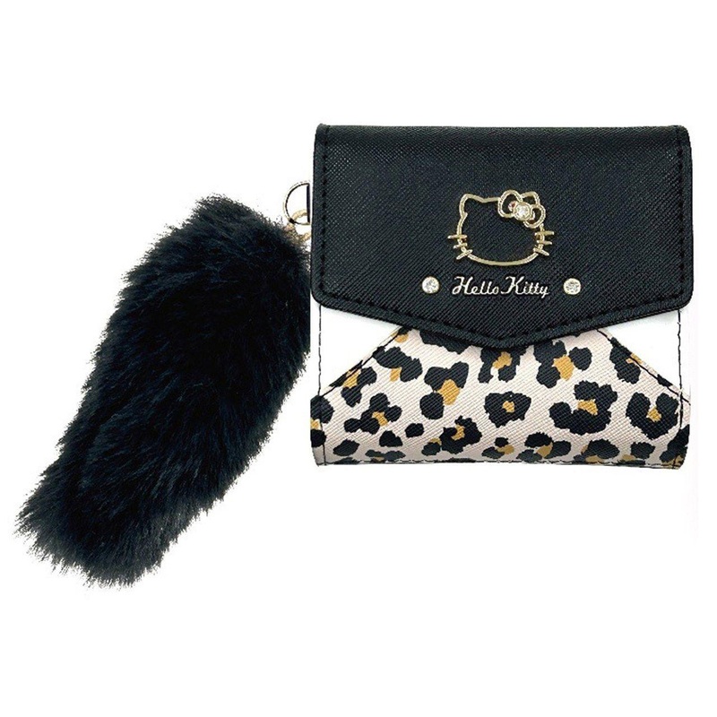 Sun Art Hello Kitty Leopard Print Tri-Fold Leather Box Shaped Wallet Black