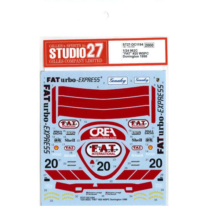 Studio27 ST27-DC1194 962C “FAT” #20 WSPC Donington 1990 Decal for Hasegawa 1/24