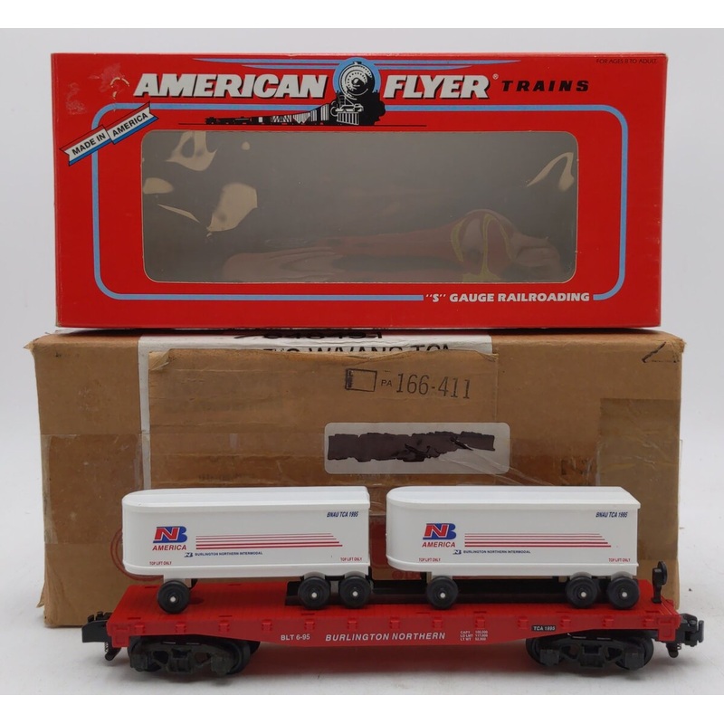 American Flyer 6-48491 S Scale Burlington Northern TCA Flatcar w/BN Trailer load LN/Box