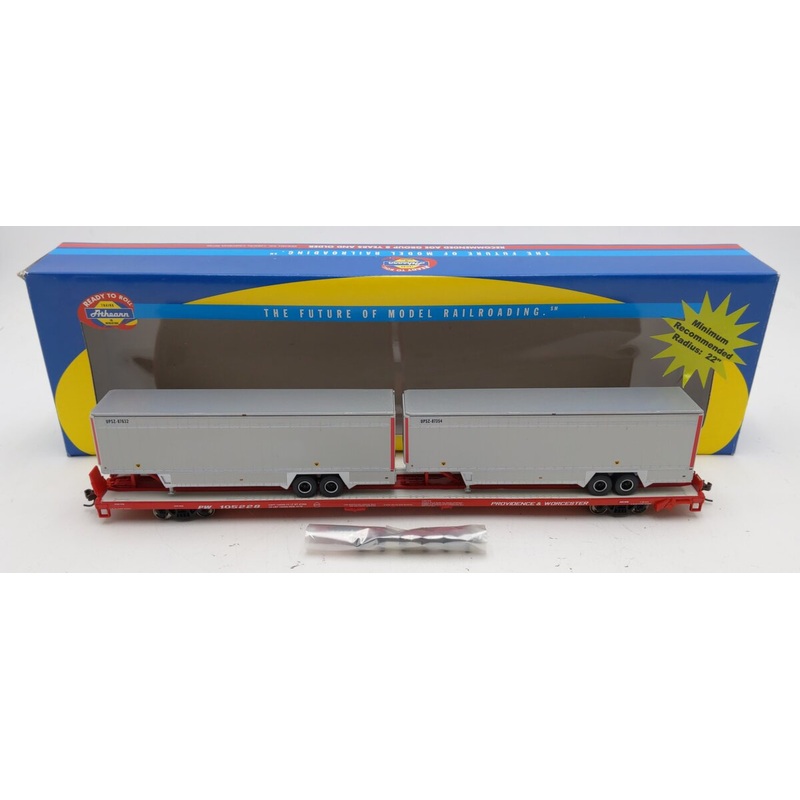 Athearn 74229 HO Scale P&W 85′ Flat Car w/2 40′ Parcel Trailers #105228 EX/Box