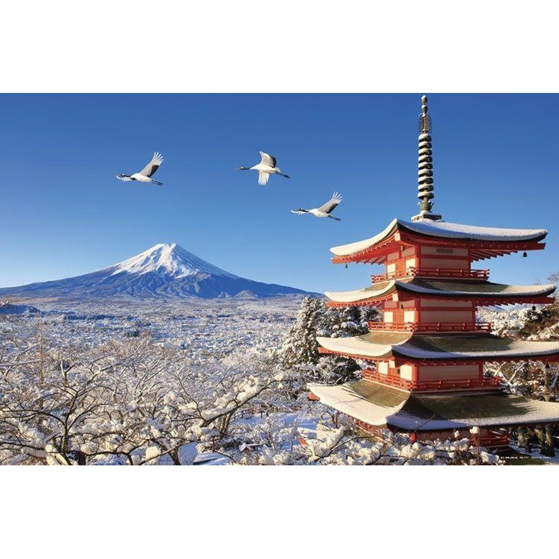 Jigsaw Puzzle Mount Fuji in a winter landscape with a crane (Yamanashi)  (1000 Pieces)